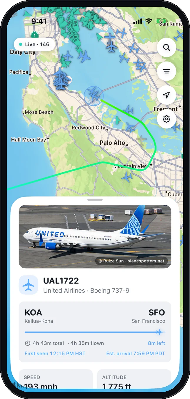 A flight's route and the path it has flown, shown in Vela