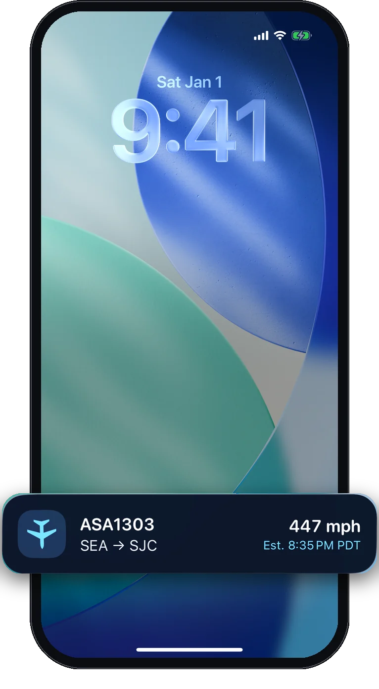 A followed flight shown as a Live Activity on the Lock Screen