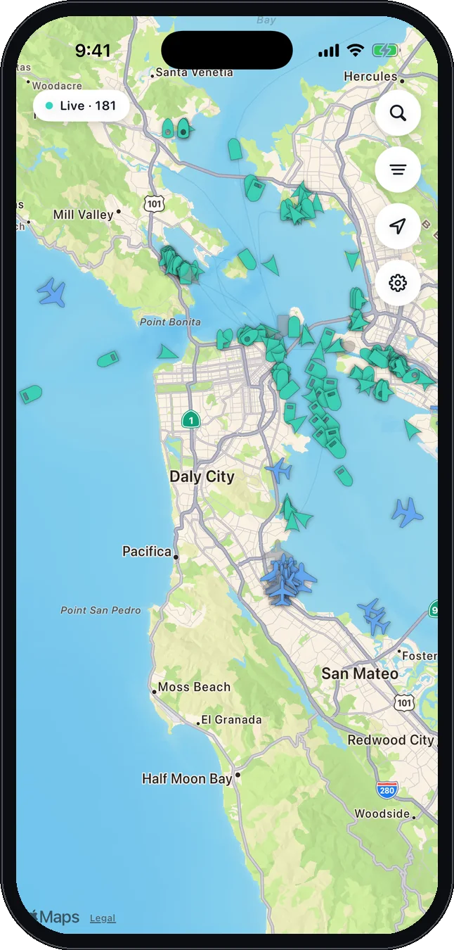 Vela showing live planes and ships around San Francisco Bay