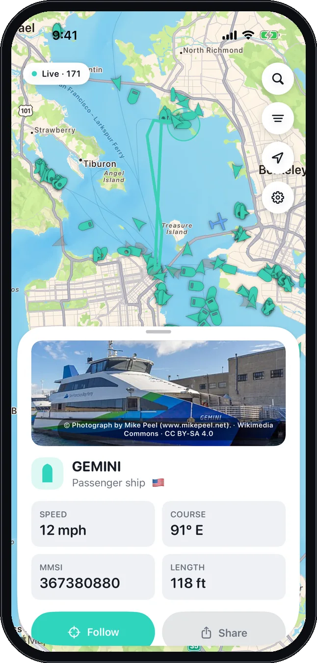 A ferry crossing San Francisco Bay in Vela